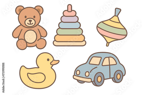 Classic baby toys set including teddy bear, stacking pyramid, rubber duck, and toy car