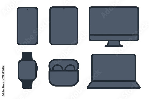 Collection of modern electronic devices including smartphone, tablet, laptop, and smartwatch