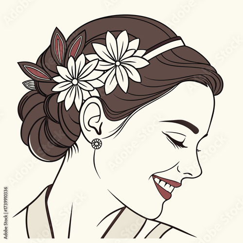 A beautiful woman with flowers in her hair smiles gently, a vintageinspired illustration with a touch of modern elegance
