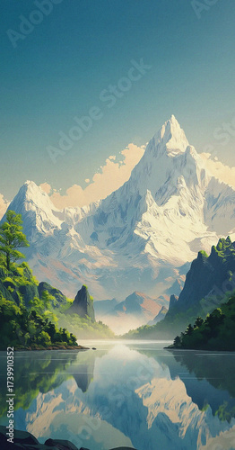 Mountain landscape with lake and mountains. Minimalist backdrop. Nature, success, travel, holiday concept
