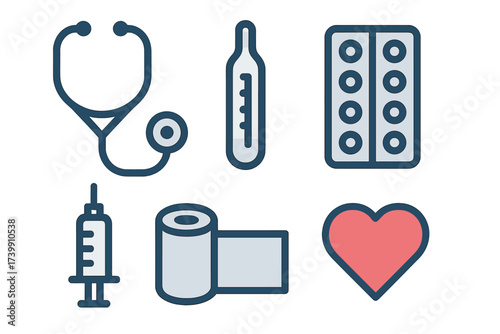 Healthcare and medical icons set featuring stethoscope, thermometer, syringe, and medication