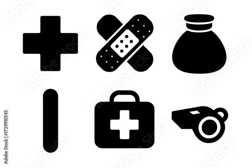 Essential emergency and safety pictograms featuring medical cross, adhesive bandage, first aid kit, and whistle
