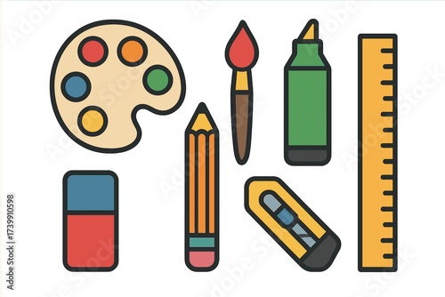 Essential collection of art supplies and stationery items for drawing and painting