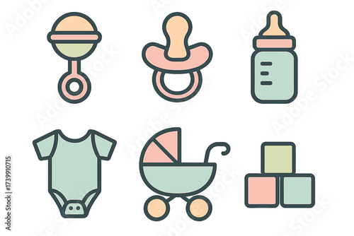 Colorful icons representing essential newborn and infant care items and accessories