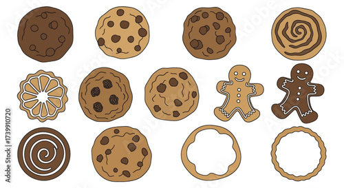 A diverse collection of handdrawn cookies and biscuits.