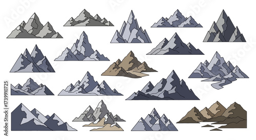 Set of isolated mountain range vector illustrations.