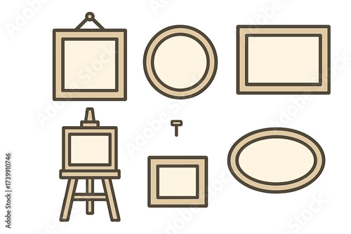 Collection of blank picture frames in various shapes including square, circle, and oval with an artist easel and pushpin