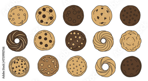 Hand drawn vector illustration of different cookie types.
