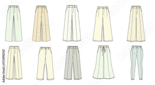 Set of womens pants in various styles fashion flat technical drawing vector illustration.