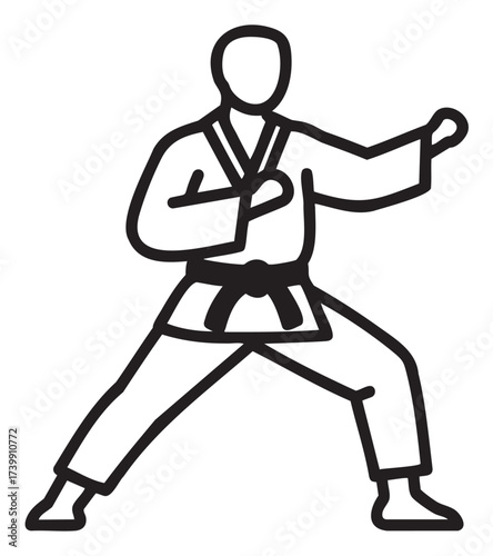 Black outline icon of a karate martial artist in a defensive stance wearing a traditional gi and belt.