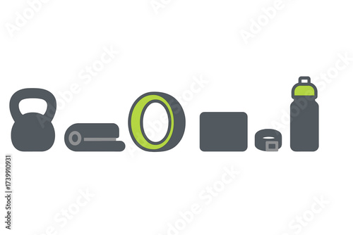 Essential fitness and workout equipment collection including kettlebell, yoga mat, and water bottle