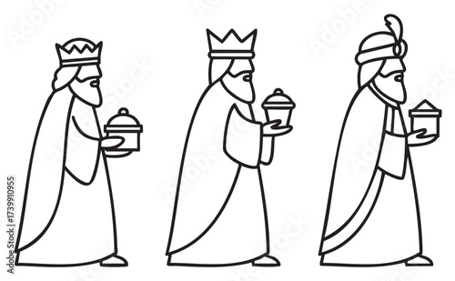 Black outline illustration of the three biblical wise men, wearing crowns and robes, each holding a gift.