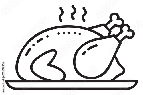 Black outline icon of a cooked turkey with steam rising, placed on a platter, showcasing its two drumsticks prominently.