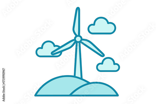 Wind turbine standing on a grassy hill surrounded by floating clouds representing clean energy