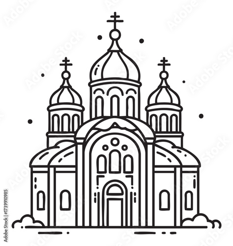 Black outline of an intricate orthodox church with multiple domes and crosses, highlighting detailed architectural features.