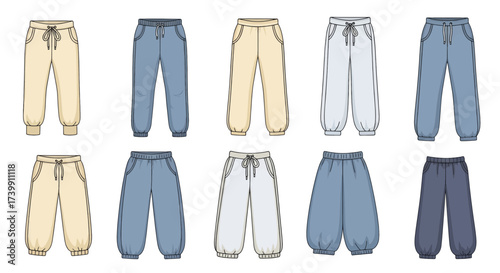 Set of colorful sweatpants and joggers vector illustrations.