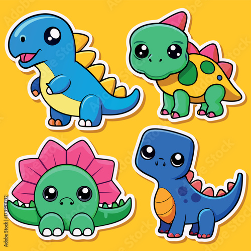Four adorable cartoon dinosaurs in playful poses bright yellow background for kids
