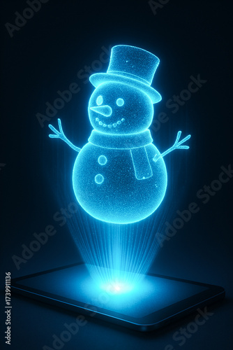 Glowing hologram of a cheerful snowman wearing a hat and scarf, projected above a digital tablet