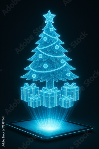 Glowing hologram of a decorated Christmas tree with presents floating above a digital tablet
