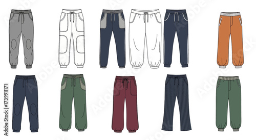 Set of colorful sweatpants and jogger pants fashion flat technical drawings Vector illustration collection for apparel design.