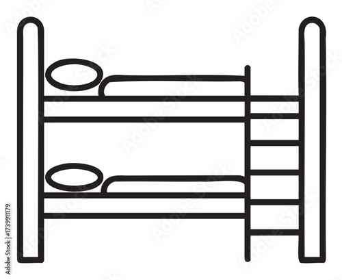 Black outline icon of a simple bunk bed with two mattresses and a small ladder on a transparent .