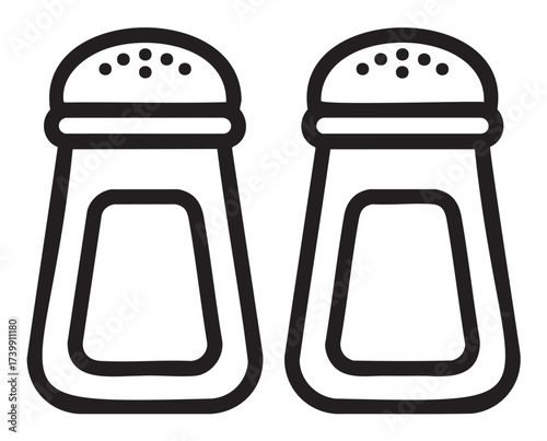 Black outline illustration of two simple salt and pepper shakers side by side with perforated tops.