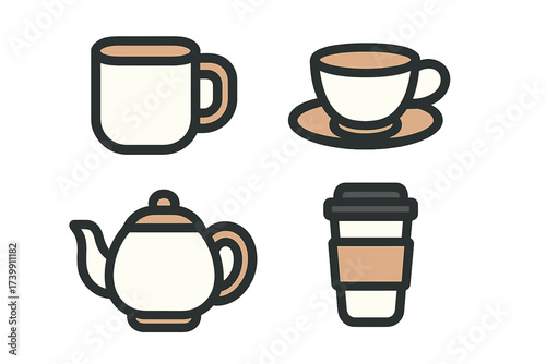 Minimalist icons set featuring essential coffee and tea serving items like a mug, teapot, and disposable cup