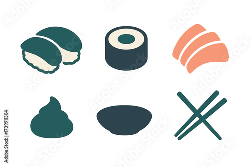 Minimalist Japanese sushi dishes and essential dining elements like chopsticks and wasabi