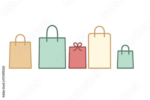 Collection of diverse retail shopping bags and a special gift package arranged in a horizontal line