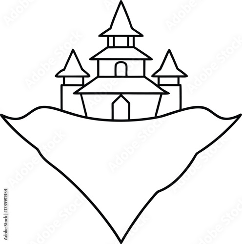 samurai castle on a floating island coloring vector illustration on transparent background