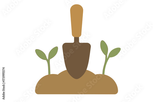 Simple flat graphic showing a gardening trowel digging into brown soil with young green seedlings growing