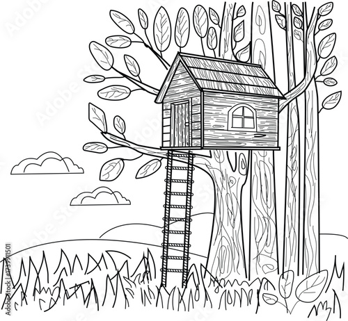 Treehouse outline drawing with ladder on tall tree, simple sketch of wooden house in nature, backyard playhouse, childhood adventure and outdoor forest hut illustration