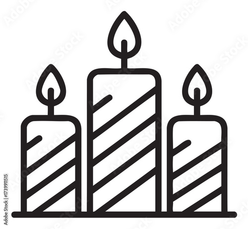 Black outline icon of three striped candles with flames on top, varying in height and aligned in a row.
