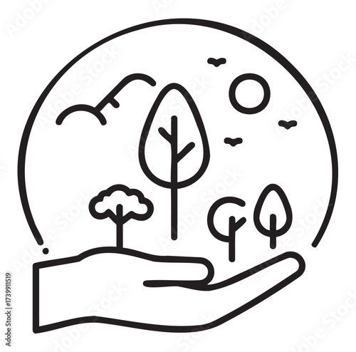 Hand holding trees of various sizes with mountains and sun, representing environmental conservation in a circular outline design.