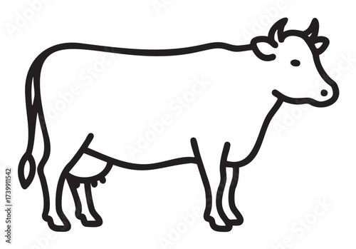 Simple black outline of a cow with horns and visible udder, showcasing minimalist design suitable for farm and agriculture concepts.