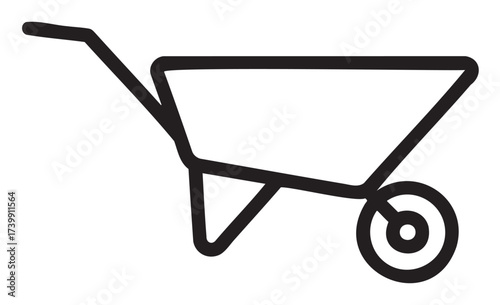 Black outline vector icon of a simple wheeled wheelbarrow. minimal linear illustration for construction, gardening, and transport concepts.