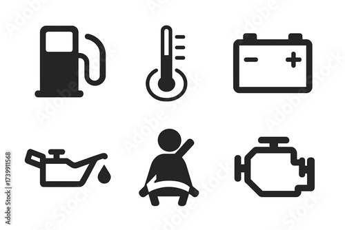 Collection of essential vehicle dashboard warning symbols including fuel, battery, oil, and engine indicators