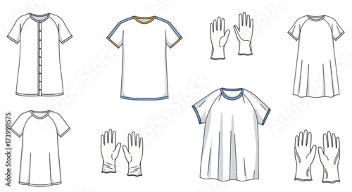 Vector illustration set of medical patient gowns and disposable gloves.