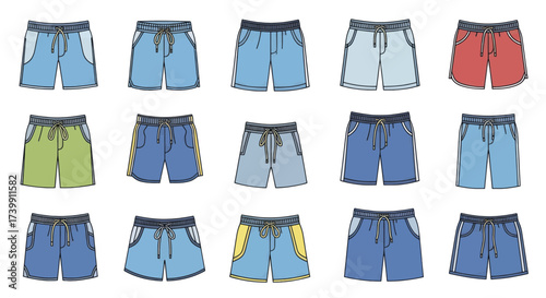 Set of mens summer shorts vector illustrations in various colors.