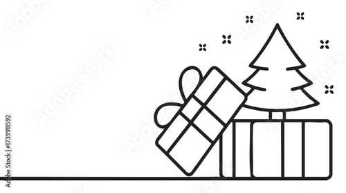 Black outline of a christmas tree with star-shaped decorations beside two gift boxes tied with ribbons in minimal style.