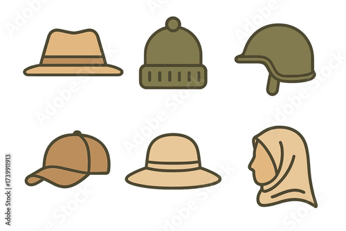 Diverse set of head coverings and protective gear icons representing fashion, culture, and safety