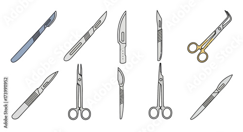 Vector set of various surgical scalpels and scissors.