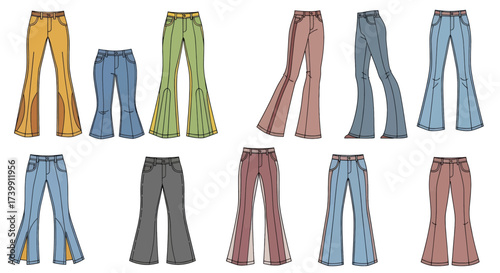 Set of colorful retro flared pants and bell bottom jeans isolated on a white background.