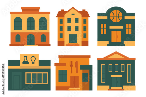 Set of various public and commercial building facades in modern flat design style