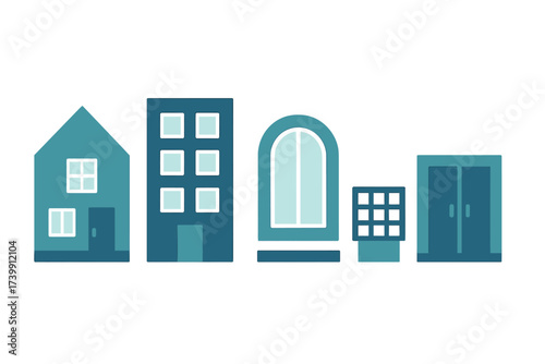 Stylized collection of architectural elements including house, apartment, windows, and door facade