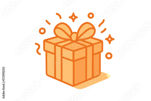 Orange gradient gift box icon with ribbon and sparkling elements