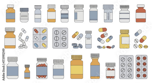 Set of medicine bottles pills and capsules illustration.
