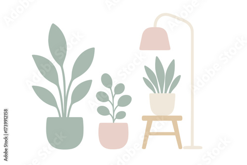 Minimalist interior scene with potted green plants and modern floor lamp in pastel colors