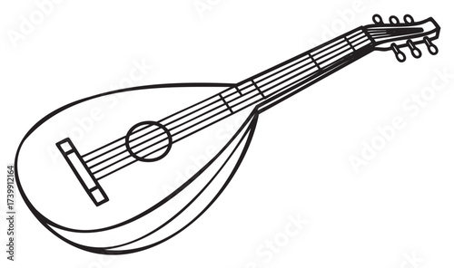 Black outline of a classic mandolin with six strings and tuning pegs, featuring a teardrop-shaped body and long neck.