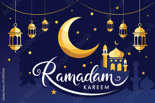 Ramadan kareem with crescent moon and islamic mosque lanterns
